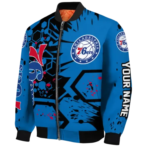custom philadelphia 76ers hexagon cluster blue black bomber jacket best selling