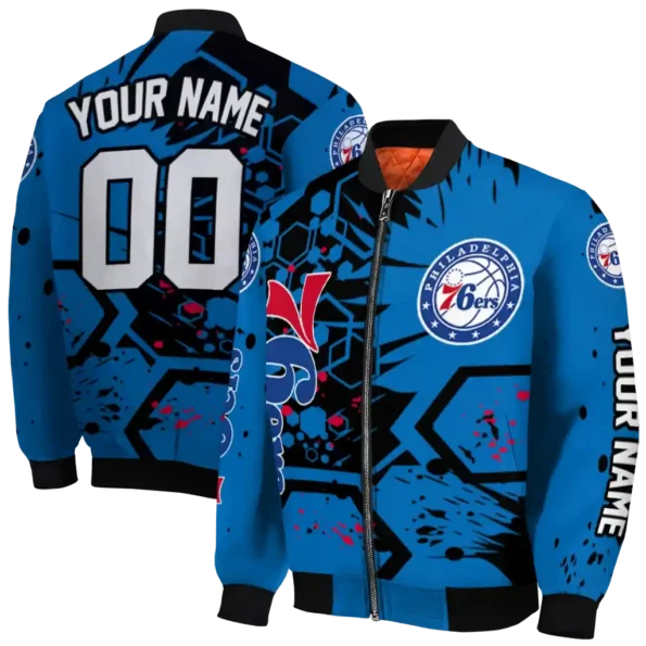 custom philadelphia 76ers hexagon cluster blue black bomber jacket fashion forward