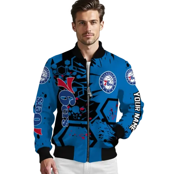 custom philadelphia 76ers hexagon cluster blue black bomber jacket high quality