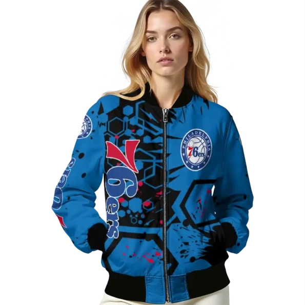 custom philadelphia 76ers hexagon cluster blue black bomber jacket latest model
