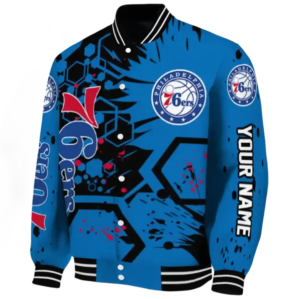 custom philadelphia 76ers hexagon cluster blue black varsity jacket best selling.webp