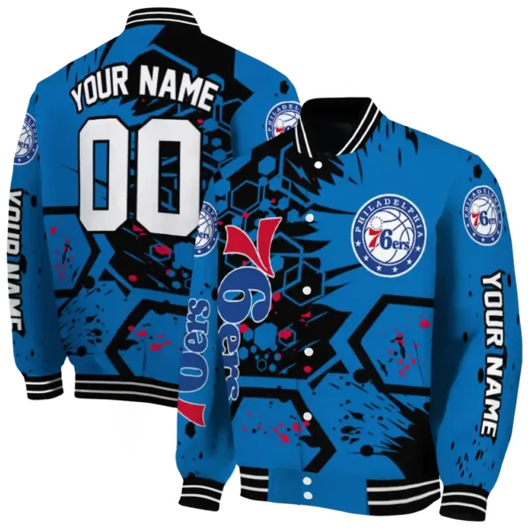 custom philadelphia 76ers hexagon cluster blue black varsity jacket fashion forward.webp