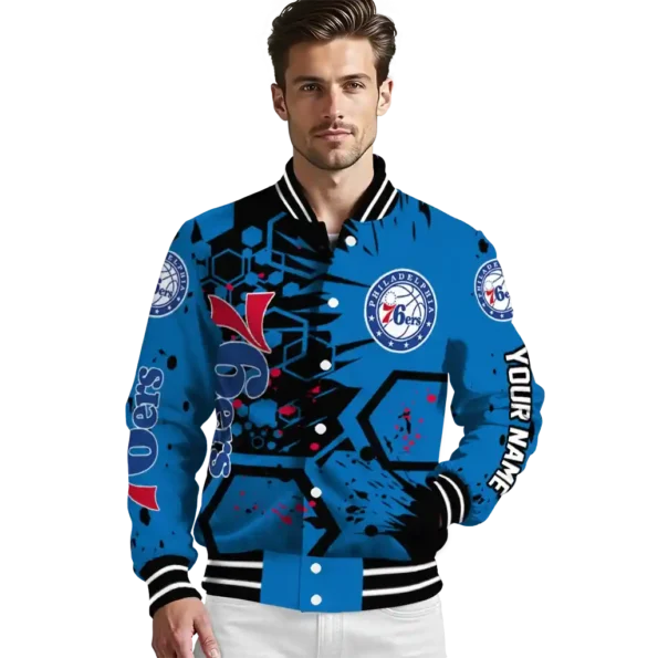 custom philadelphia 76ers hexagon cluster blue black varsity jacket high quality.webp