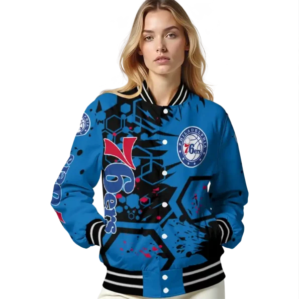 custom philadelphia 76ers hexagon cluster blue black varsity jacket latest model.webp