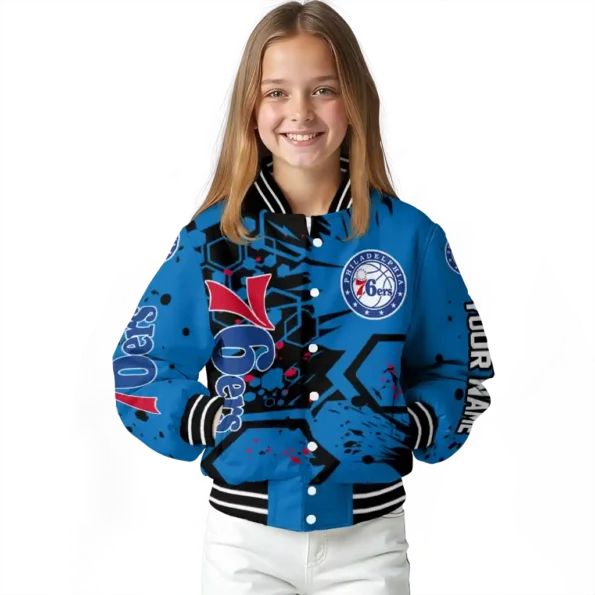 custom philadelphia 76ers hexagon cluster blue black varsity jacket top rated.webp