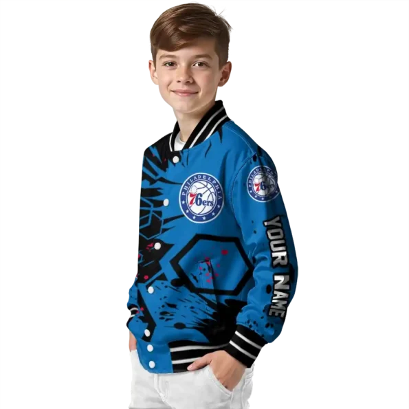 custom philadelphia 76ers hexagon cluster blue black varsity jacket trendy.webp