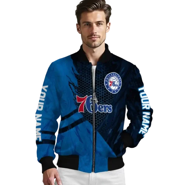 custom philadelphia 76ers hexagon mesh blue black bomber jacket high quality