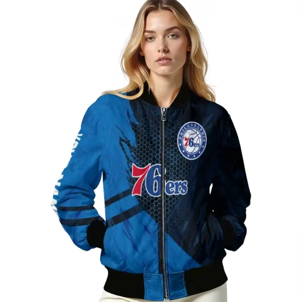 custom philadelphia 76ers hexagon mesh blue black bomber jacket latest model