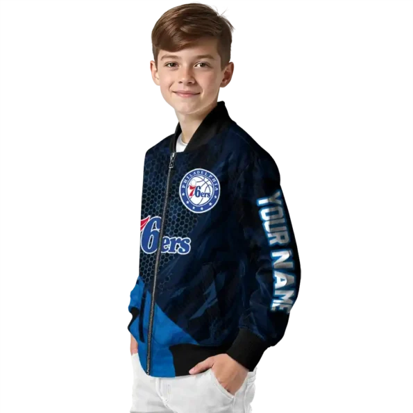 custom philadelphia 76ers hexagon mesh blue black bomber jacket trendy