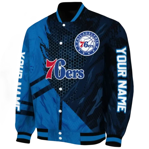 custom philadelphia 76ers hexagon mesh blue black varsity jacket best selling.webp