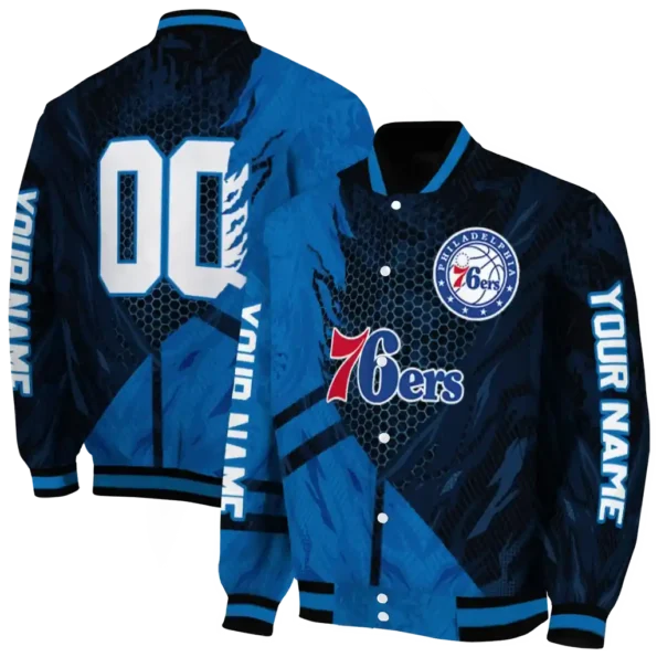 custom philadelphia 76ers hexagon mesh blue black varsity jacket fashion forward.webp