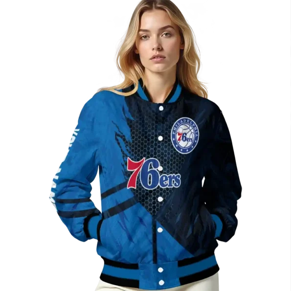 custom philadelphia 76ers hexagon mesh blue black varsity jacket latest model.webp