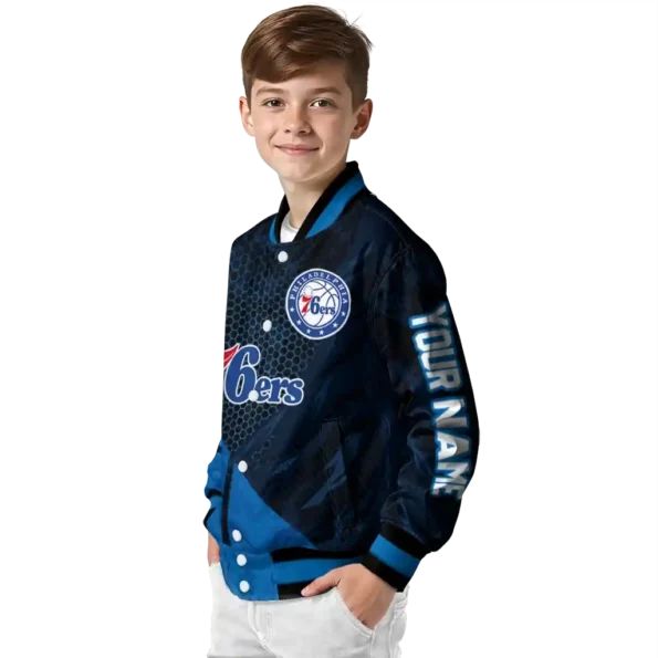 custom philadelphia 76ers hexagon mesh blue black varsity jacket trendy.webp