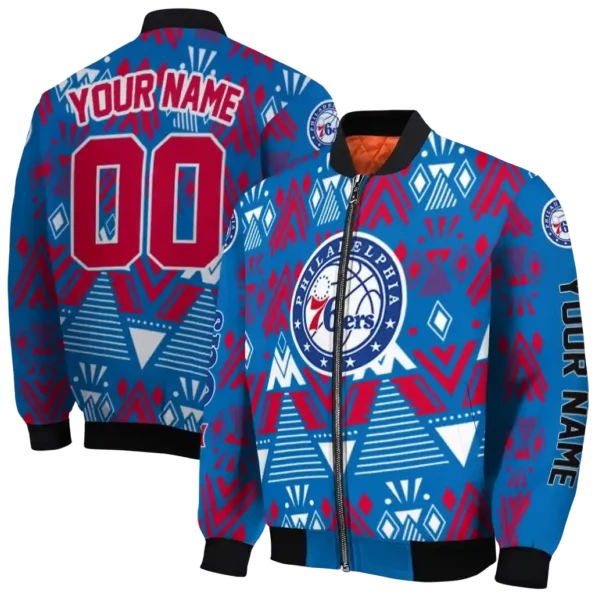 custom philadelphia 76ers pyramid shapes blue bomber jacket fashion forward