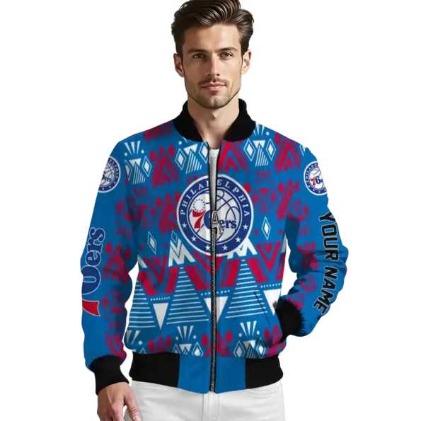 custom philadelphia 76ers pyramid shapes blue bomber jacket high quality