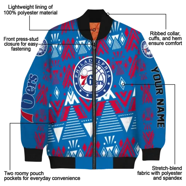 custom philadelphia 76ers pyramid shapes blue bomber jacket new arrival