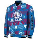 custom philadelphia 76ers pyramid shapes blue varsity jacket best selling.webp
