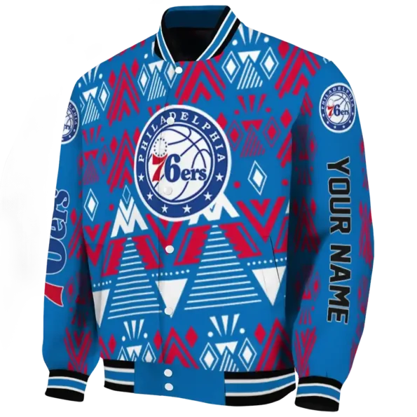 custom philadelphia 76ers pyramid shapes blue varsity jacket best selling.webp