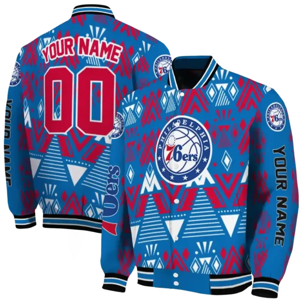 custom philadelphia 76ers pyramid shapes blue varsity jacket fashion forward.webp