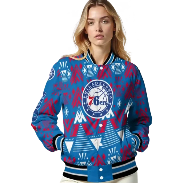 custom philadelphia 76ers pyramid shapes blue varsity jacket latest model.webp