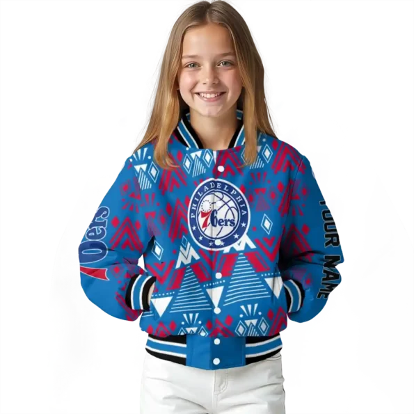 custom philadelphia 76ers pyramid shapes blue varsity jacket top rated.webp