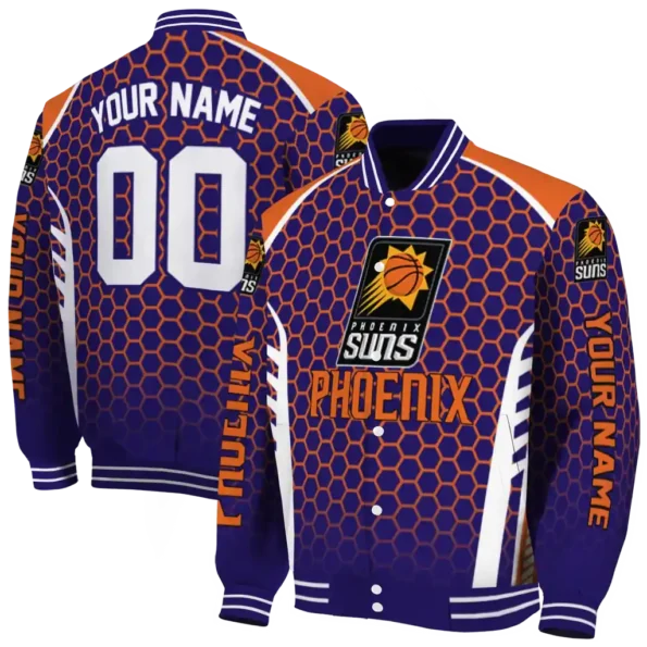 custom phoenix suns hexagon grid purple varsity jacket fashion forward.webp