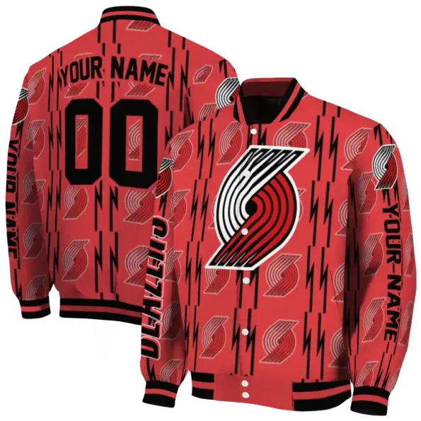custom portland trail blazers bolt stripe red varsity jacket fashion forward.webp
