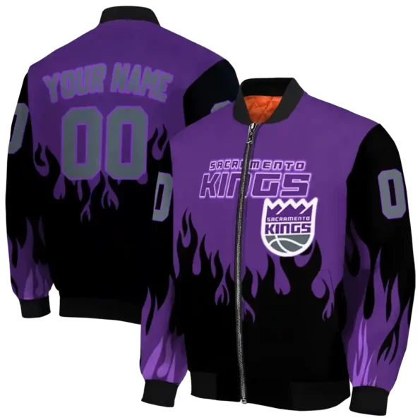 custom sacramento kings flame border purple black bomber jacket fashion forward