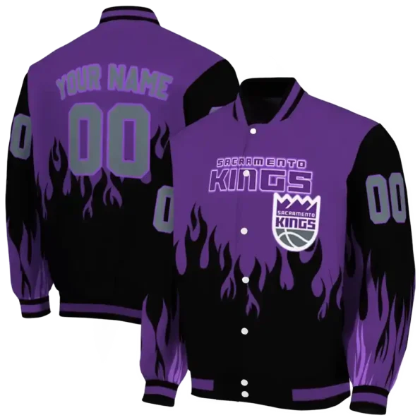 custom sacramento kings flame border purple black varsity jacket fashion forward.webp