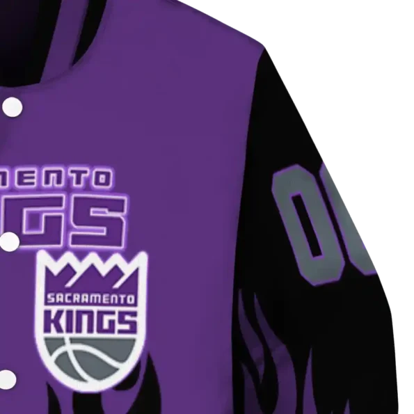 custom sacramento kings flame border purple black varsity jacket premium grade.webp