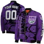 custom sacramento kings hexagon cluster purple black bomber jacket best selling