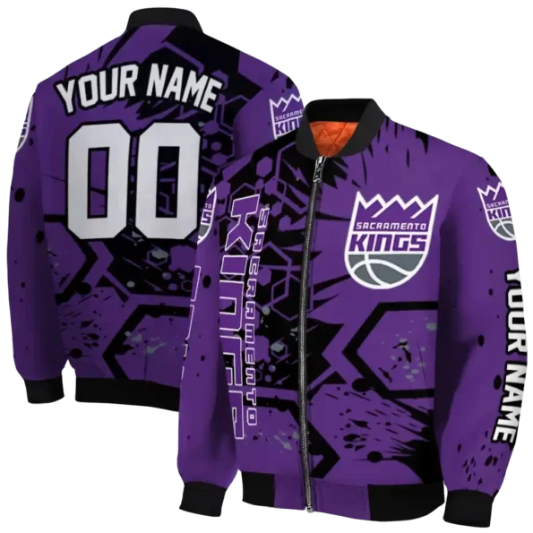 custom sacramento kings hexagon cluster purple black bomber jacket fashion forward