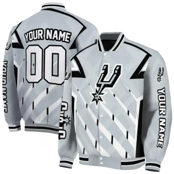 custom san antonio spurs chevron angles silver varsity jacket fashion forward.webp