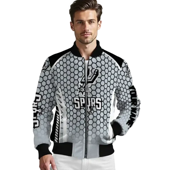 custom san antonio spurs hexagon grid silver bomber jacket high quality