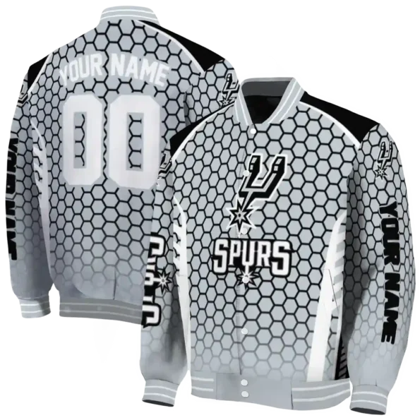 custom san antonio spurs hexagon grid silver varsity jacket fashion forward.webp