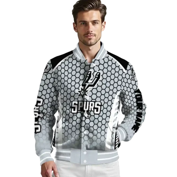 custom san antonio spurs hexagon grid silver varsity jacket high quality.webp