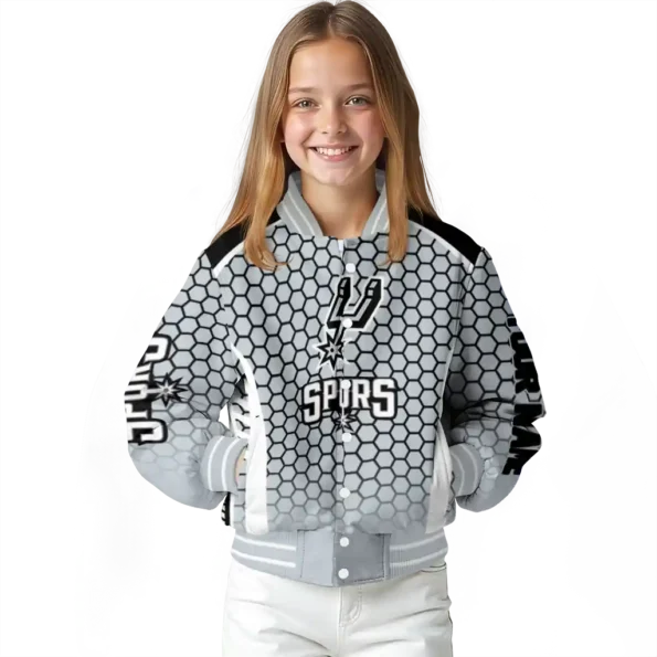 custom san antonio spurs hexagon grid silver varsity jacket top rated.webp