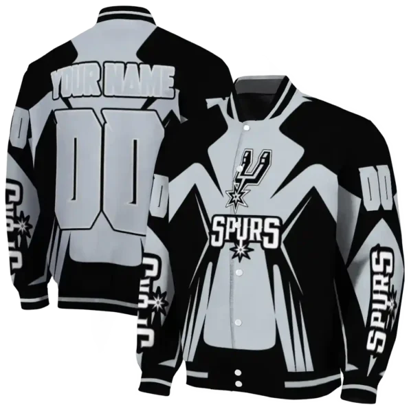 custom san antonio spurs spider mark silver varsity jacket fashion forward.webp