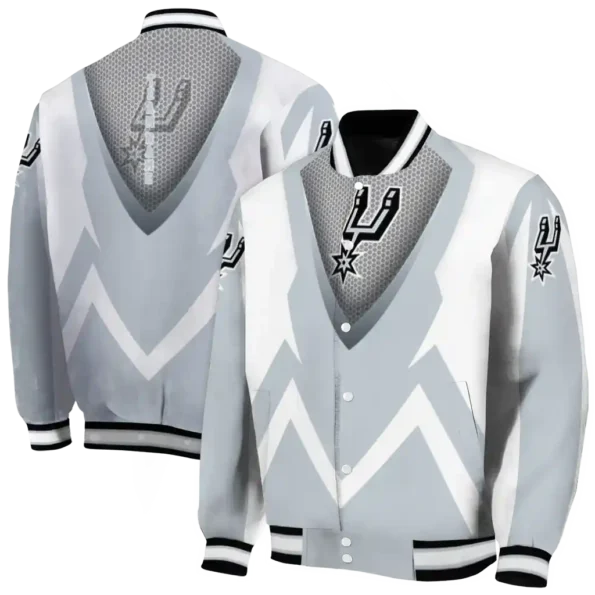 custom san antonio spurs v stripes silver white varsity jacket fashion forward.webp