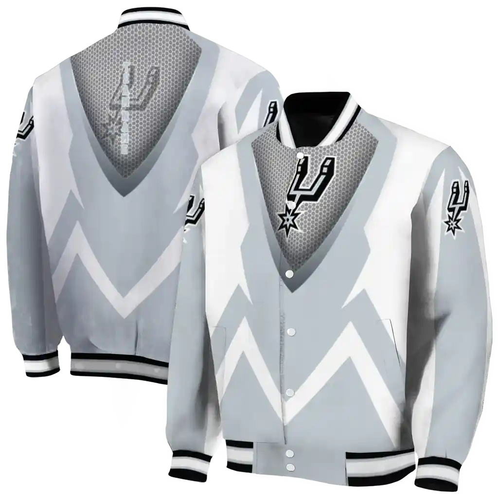 custom san antonio spurs v stripes silver white varsity jacket fashion forward.webp custom san antonio spurs v stripes silver white varsity jacket fashion forward.webp