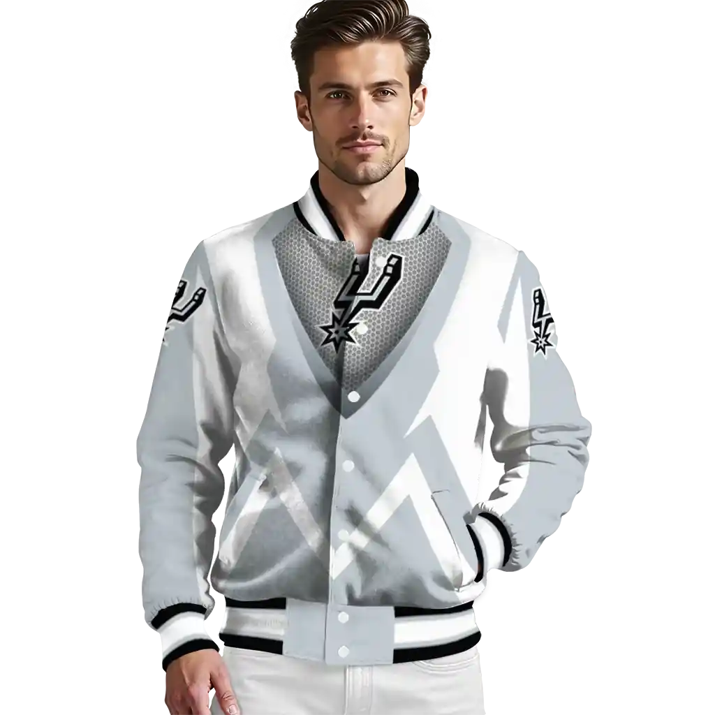 custom san antonio spurs v stripes silver white varsity jacket high quality.webp custom san antonio spurs v stripes silver white varsity jacket high quality.webp
