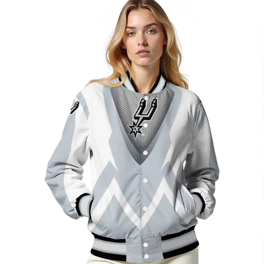 custom san antonio spurs v stripes silver white varsity jacket latest model.webp custom san antonio spurs v stripes silver white varsity jacket latest model.webp