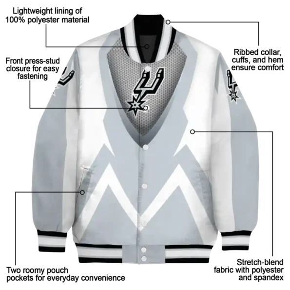 custom san antonio spurs v stripes silver white varsity jacket new arrival.webp