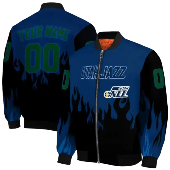 custom utah jazz flame border navy black bomber jacket fashion forward