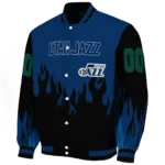 custom utah jazz flame border navy black varsity jacket best selling.webp