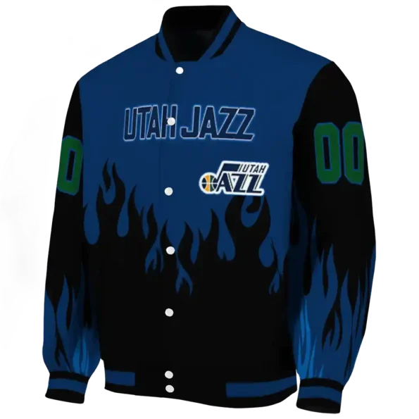 custom utah jazz flame border navy black varsity jacket best selling.webp