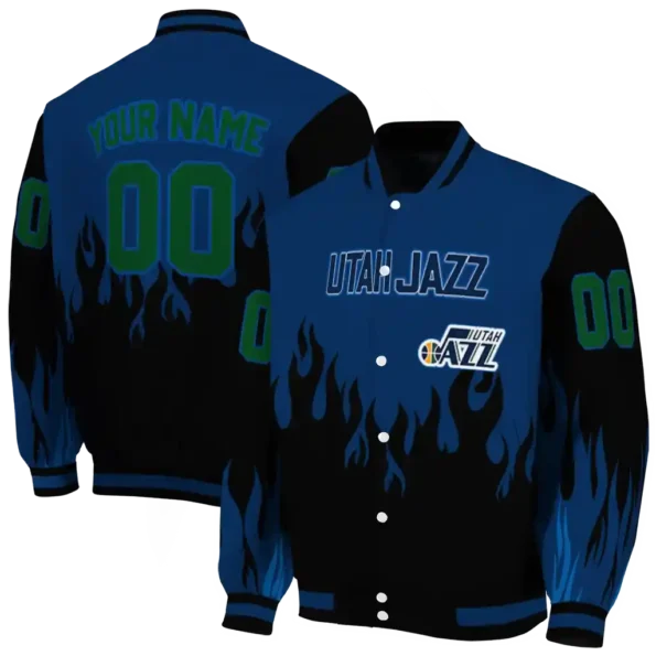 custom utah jazz flame border navy black varsity jacket fashion forward.webp