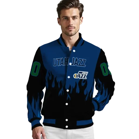 custom utah jazz flame border navy black varsity jacket high quality.webp