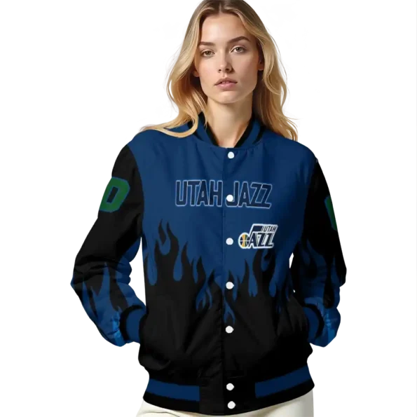 custom utah jazz flame border navy black varsity jacket latest model.webp