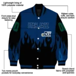 custom utah jazz flame border navy black varsity jacket best selling.webp